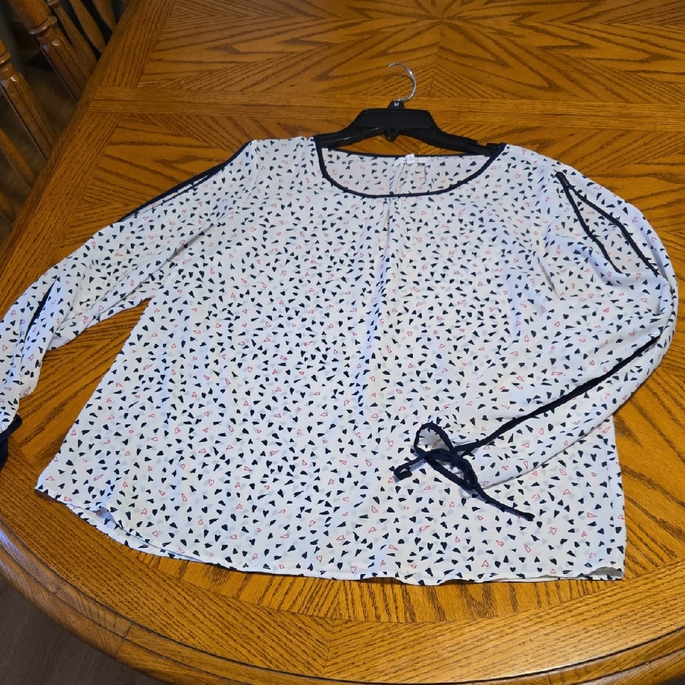 Maurices Patterned Heart Blouse with Navy And Pink Accents